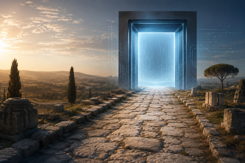 Una strada romana incontra una soglia digitale, simbolo dell’articolo 22 GDPR