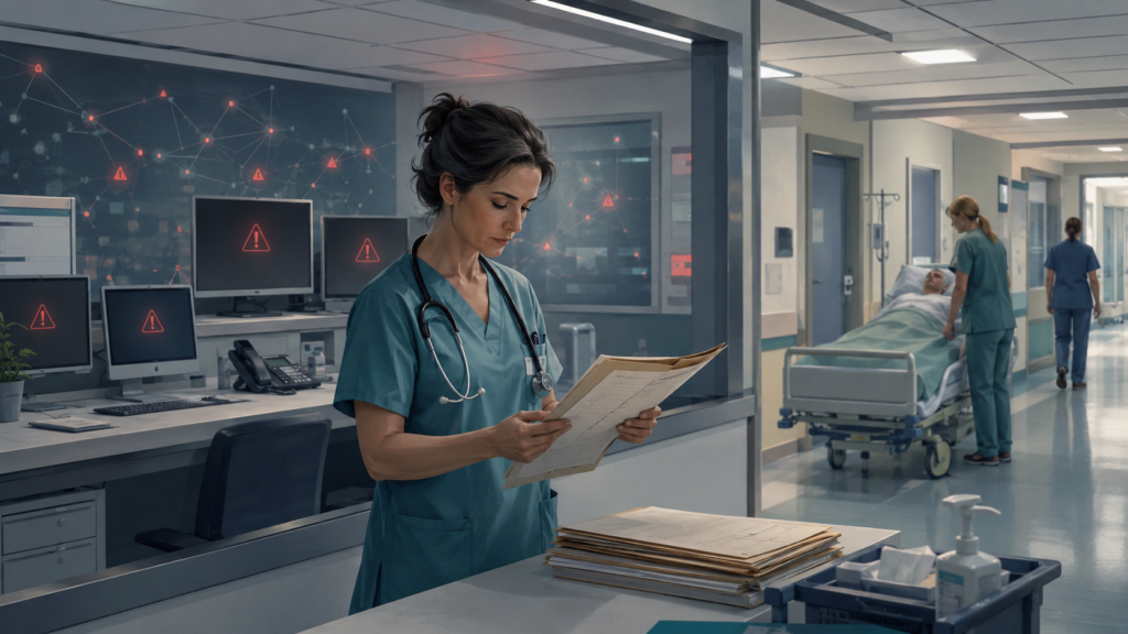 Personale sanitario utilizza documenti cartacei durante un'interruzione dei sistemi informatici