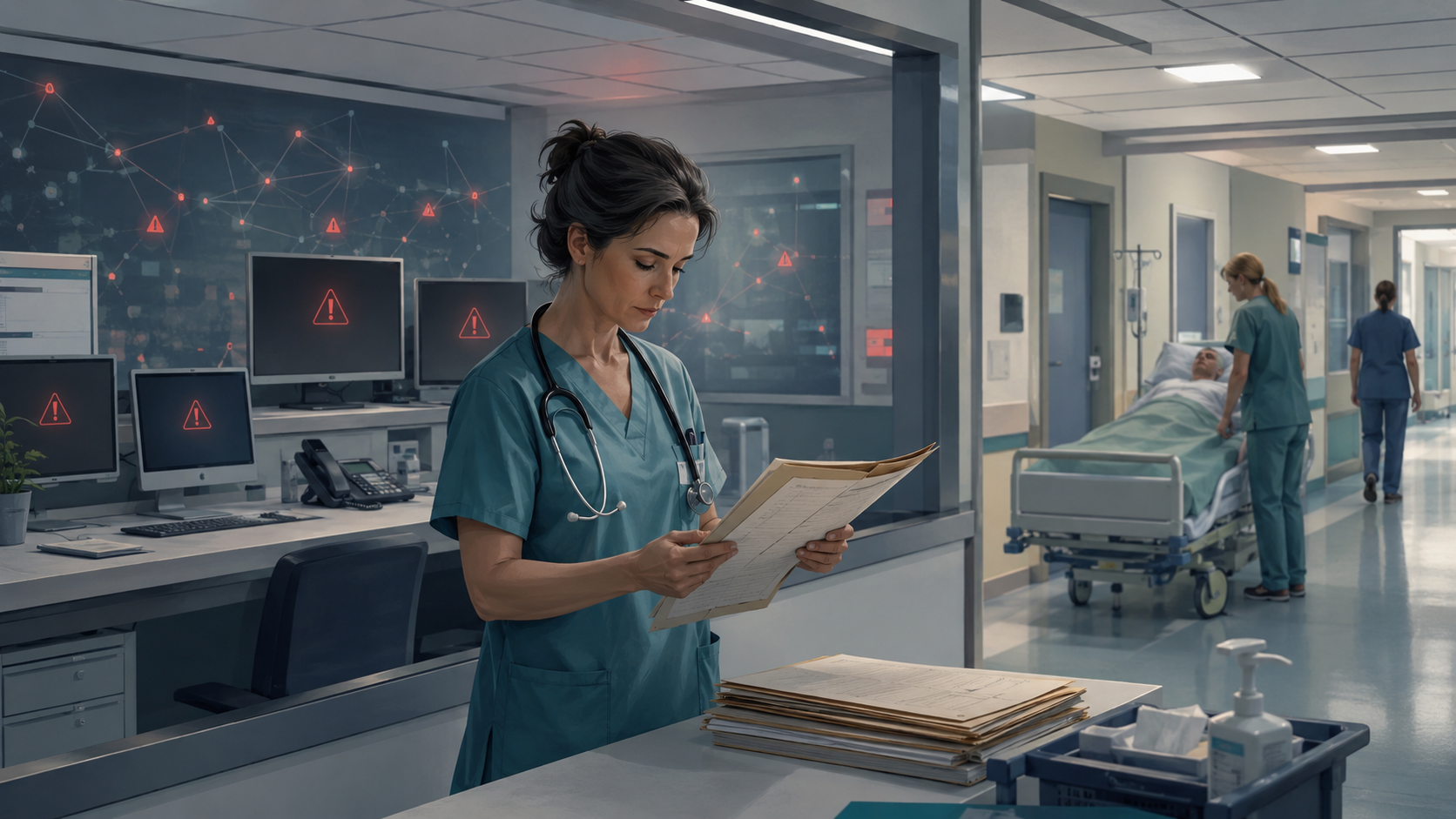 Personale sanitario utilizza documenti cartacei durante un'interruzione dei sistemi informatici
