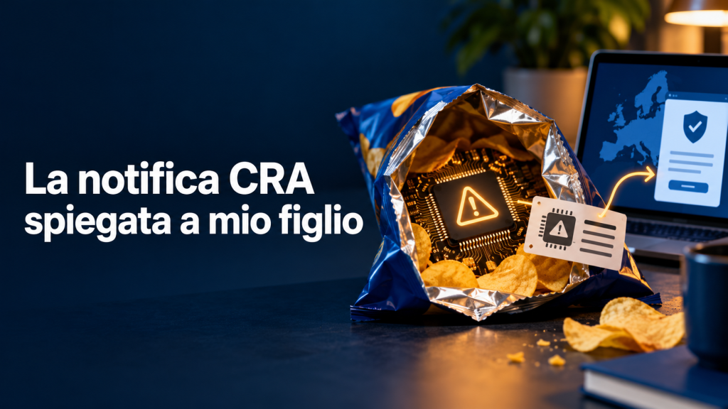 La notifica CRA spiegata a mio figlio: vulnerabilità software rappresentata come allergene su una confezione