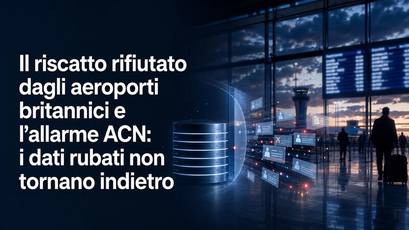 Aeroporto britannico colpito da cyberattacco, con il titolo dell’articolo sull’allarme ACN e i dati rubati