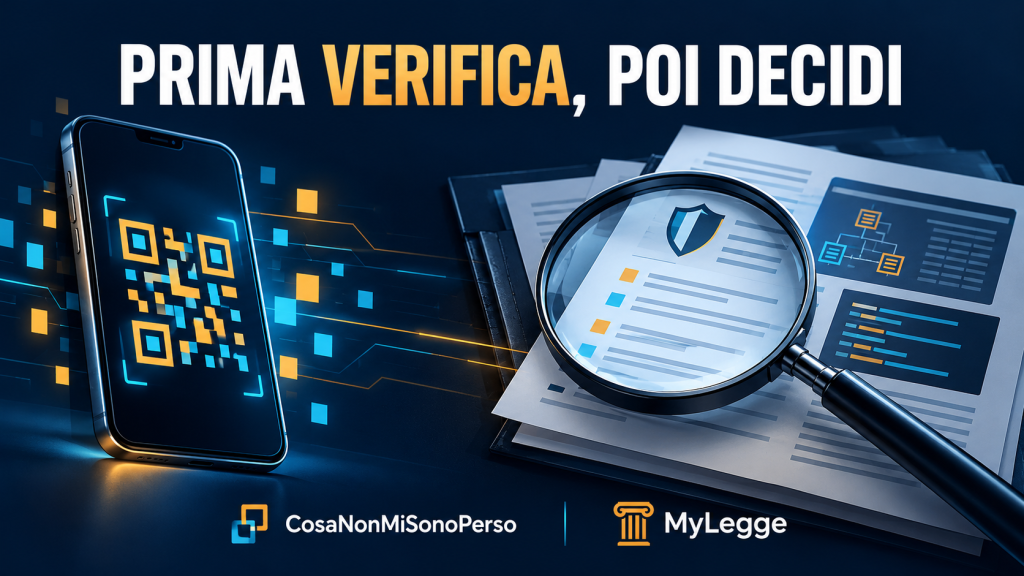 Prima verifica, poi decidi: telefono con codice astratto e fascicolo di verifica, CosaNonMiSonoPerso e MyLegge.