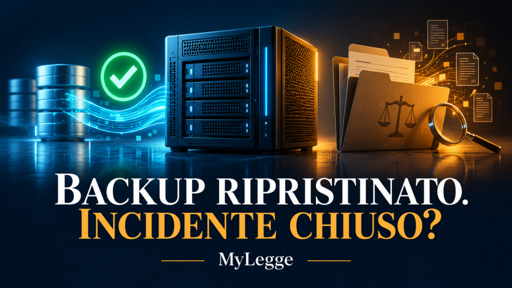 Backup ripristinato e indagine ancora aperta: server con segno di recupero e fascicolo di verifica.
